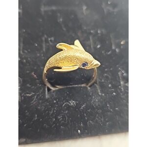 Vintage 14K Solid Yellow Gold Dolphin‎ Fashion  Ring Size 12.5 & 5.4 Gr Sapphire